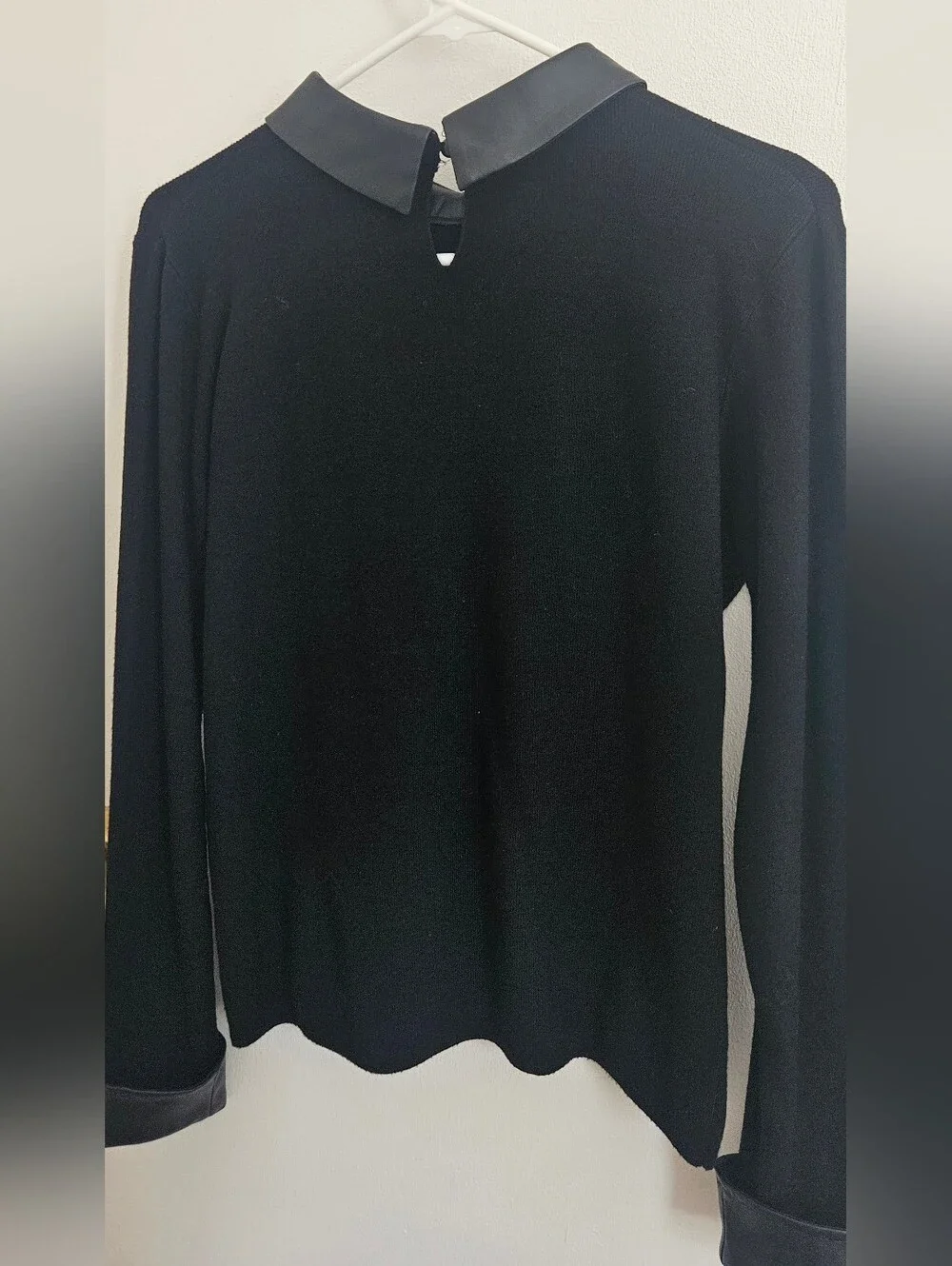 Black Sweater with Faux Leather Collar and Cuffs